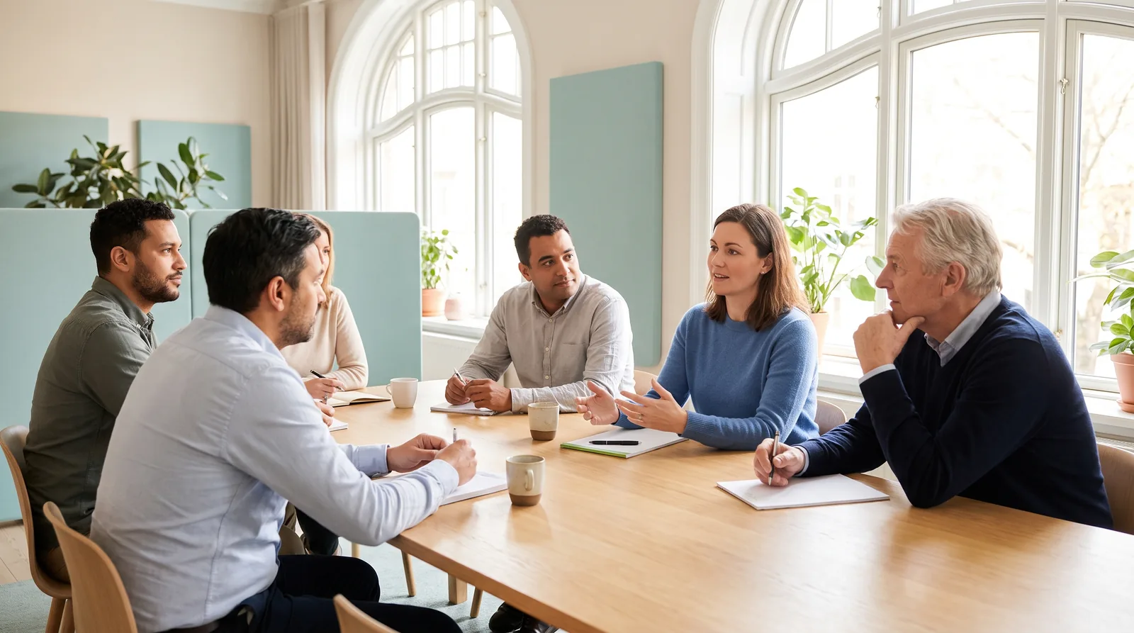 Fünf Personen sitzen an einem Besprechungstisch und diskutieren